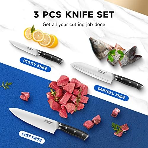 סכין שף סט סכיני מטבח חדים במיוחד 3 יחידות, סכין נירוסטה גרמנית פרימיום ושומר אצבעות, סכיני שף סט מקצועי למטבח, ידית