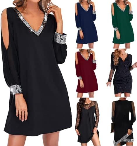 שמלות שחורות למסיבת נשים, רשת נשים v צווארון מכוון מבריק שמלת קו לשרוול ארוך שמלות מסיבת מועדון רופפות