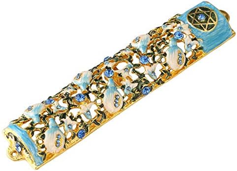 מטאשי 6 מצויר ביד אמייל מזוזה מקושט בעיצוב קיסוס ופרחים עם מבטאים זהב גבישים כחולים