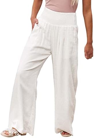 מכנסי פשתן כותנה רחבים לנשים לנשים קיץ מכנסי רגל רחבים בצבע אחיד עם כיסים מכנסיים פלאצו מותניים גבוהים מכנסיים פלאצו