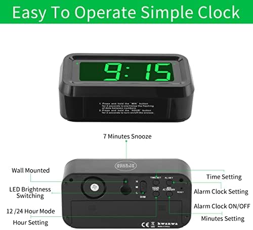 שעון מעורר קוואנווה, שעון דיגיטלי, שעון דיגיטלי לד ירוק בגודל 1.2 אינץ', בהירות מתכווננת, דגם לילה עמום, 12 שעות/24