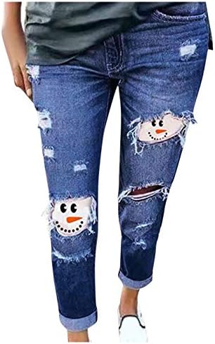 נשים ג 'ינס ארוך מכנסיים שלג כובע הדפסת קרע ג' ינס בתוספת גודל מכנסיים מכנסיים ג ' ינס בכושר דק מכנסיים בגדי רחוב